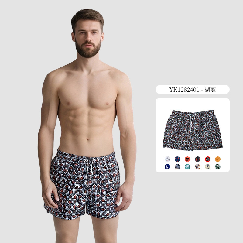 Pantalones cortos con cordones con estampado digital de cuatro puntos para hombres Chunyafang Pantalones de playa de vacaciones junto al mar de moda casual de código europeo