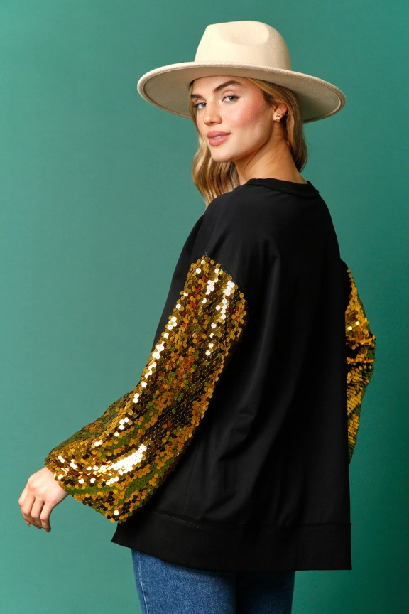 Autumn Winter Christmas Sequined Sleeve Top Stitching Long Sleeve Trendy Sweatshirt Women