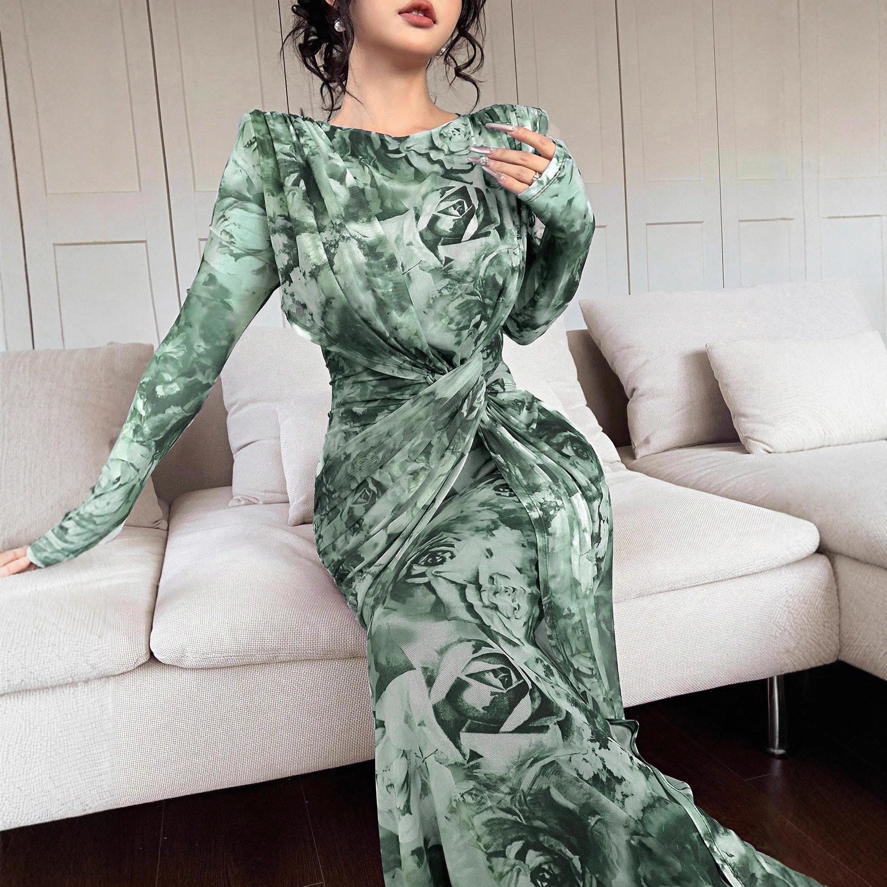 Summer Women's U Neck Long Sleeve Patchwork Slim Fit Printed Maxi Dress_ecoleips.com