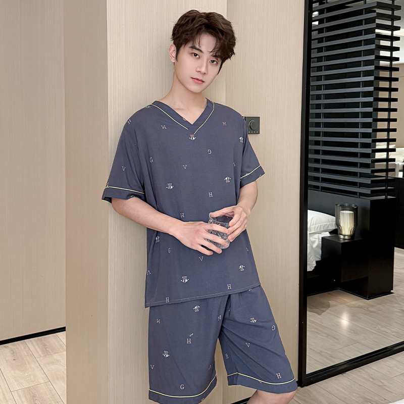 Summer Men's Cotton Silk Pajamas suit Short-sleeved Shorts Simple Casual Pajamas Artificial Cotton suit Outer Wear for Home