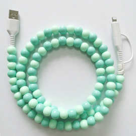 新款一拖二串珠数据线 二合一type-c彩色珍珠手机充电线定制logo