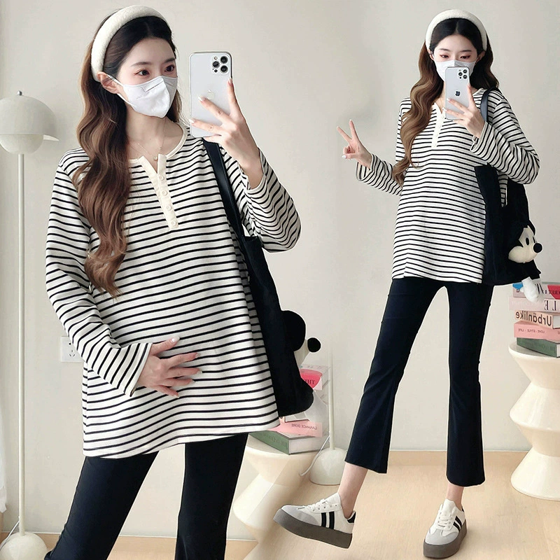 Топы для беременных на весну и осень, простая и стильная рубашка-пуловер, весенне-осенняя футболка, полосатый топ с длинными рукавами.