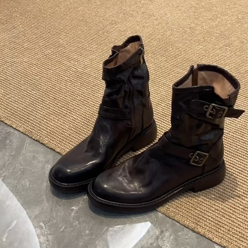 Stylish Martin Boots for Women 2025 Autumn/Winter New Niche Retro British Style Belt Buckle Slimming Chunky Heel Motorcycle Boots