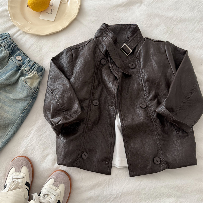 Children's Jacket 2026 New Spring Collection Boys and Girls Double-Breasted Leather Jacket Baby Solid Color Trendy Coat Children's Jacket 2026 New Spring Collection Boys and Girls Double-Breasted Leather Jacket Baby Solid Color Trendy Coat