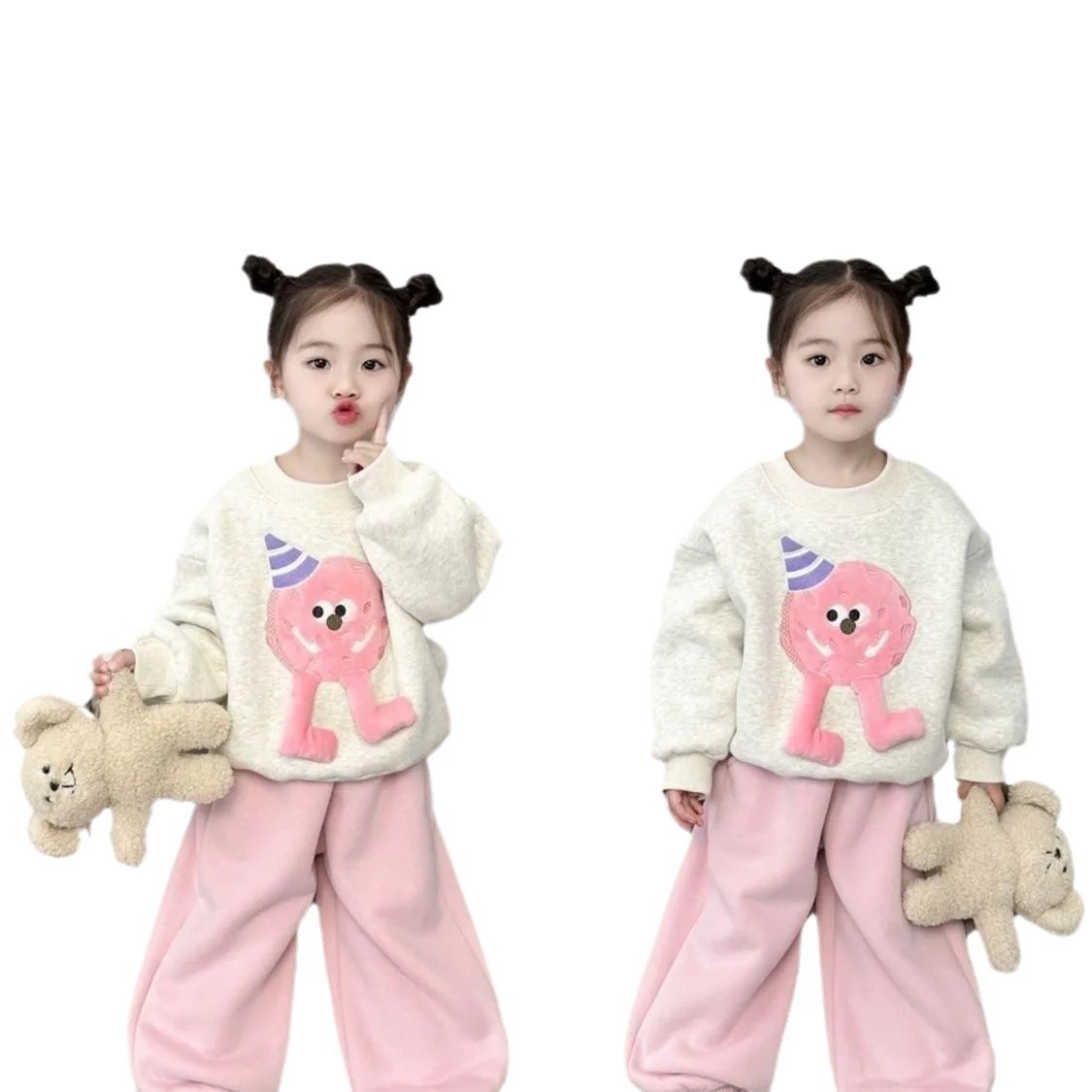 Suéter de invierno para niñas 2024 manga larga nuevo estilo más terciopelo grueso ropa de dibujos animados niñas niños tops de invierno dos piezas