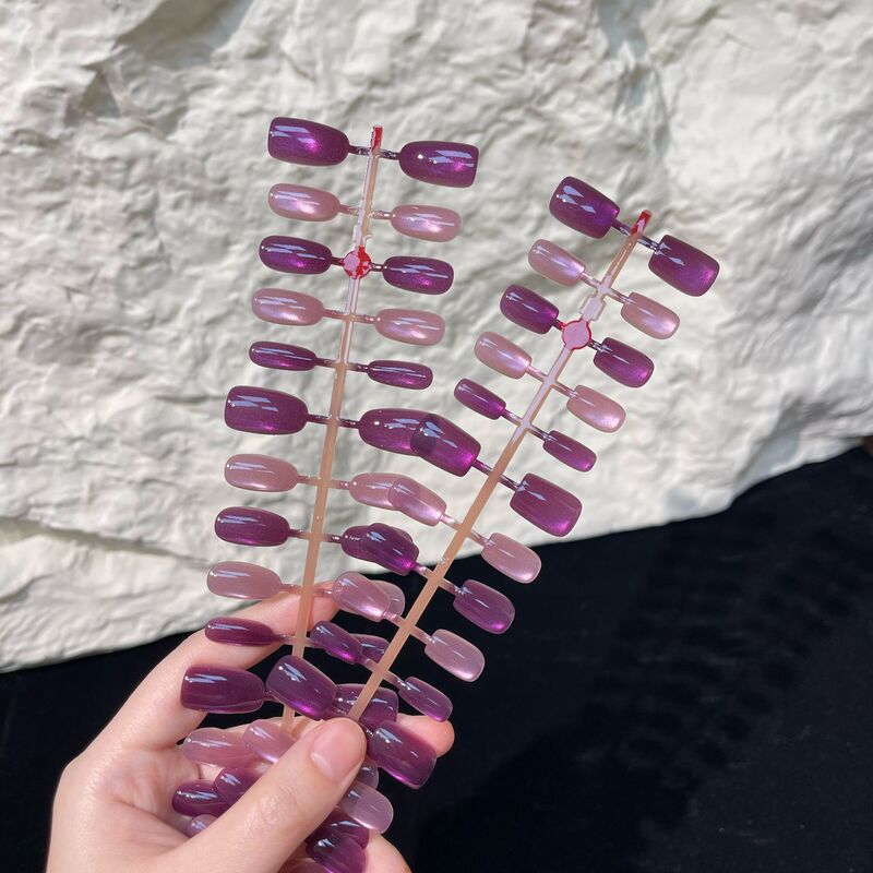 Purple Wearable Nail Pieces with Small Cherry Red Hearts, Colorful Graffiti, Five-Pointed Stars, and Rhinestones in Various Sizes