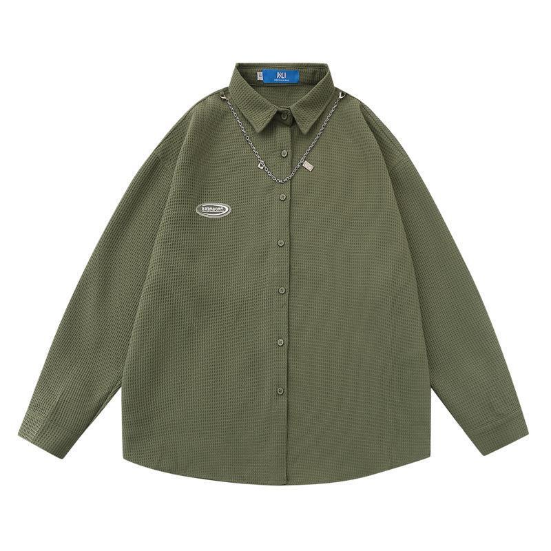 American Style Retro Waffled Long-sleeved Shirt with Necklace Men's Trendy Brand Street Loose All-match Student Shirt Jacket