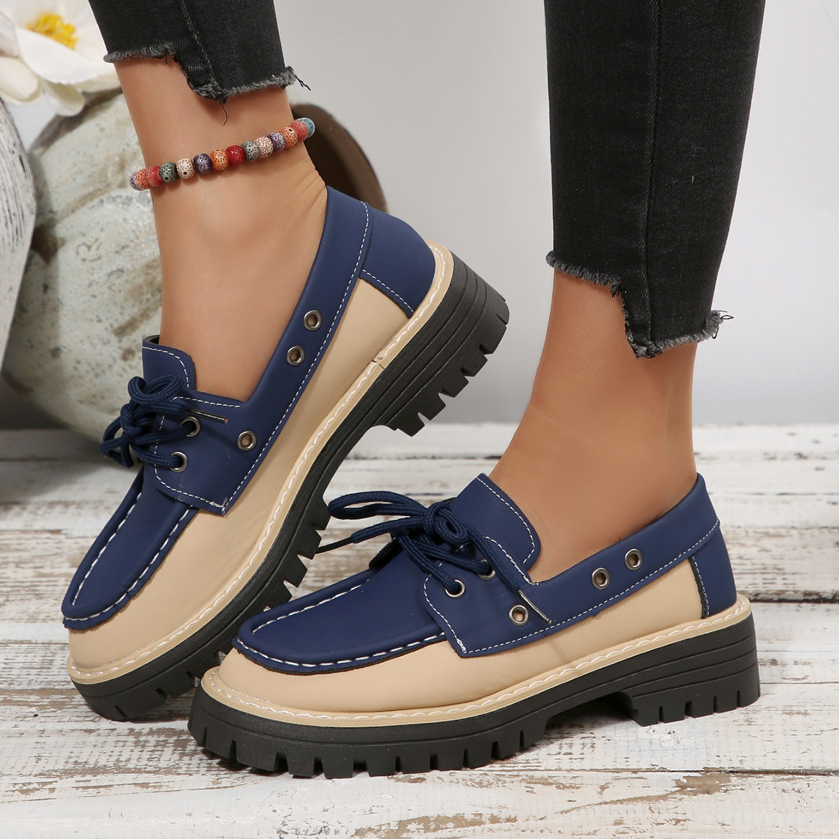 Women's Spring Color Blocked British Style Low Top Loafers Lace Up Thick Sole Plus Size Shoes New Style_voghion.com