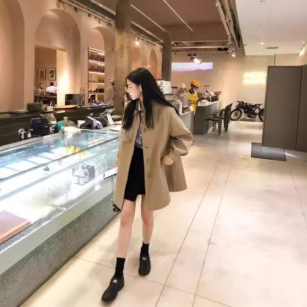 Women's Mid-Length Trench Coat, New Spring and Autumn Korean Style, Khaki Color, Elegant Coat for Petite Women, Trendy Overcoat