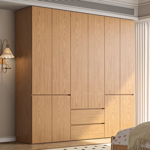 Solid Wood Wardrobe for Bedroom, Nordic Natural Wood Color, Japanese Style, Small Apartment, 2025 New Model, Six-Door Large Wardrobe