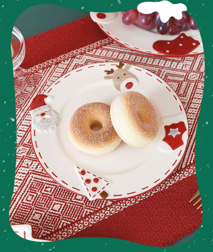 Ev ve Bahçe İskandinav Noel Baba seramik yuvarlak tabak yemek tabağı yaratıcı kabartma büyük tabak küçük tabak tatlı tabağı ev sofra takımı_voghion.com