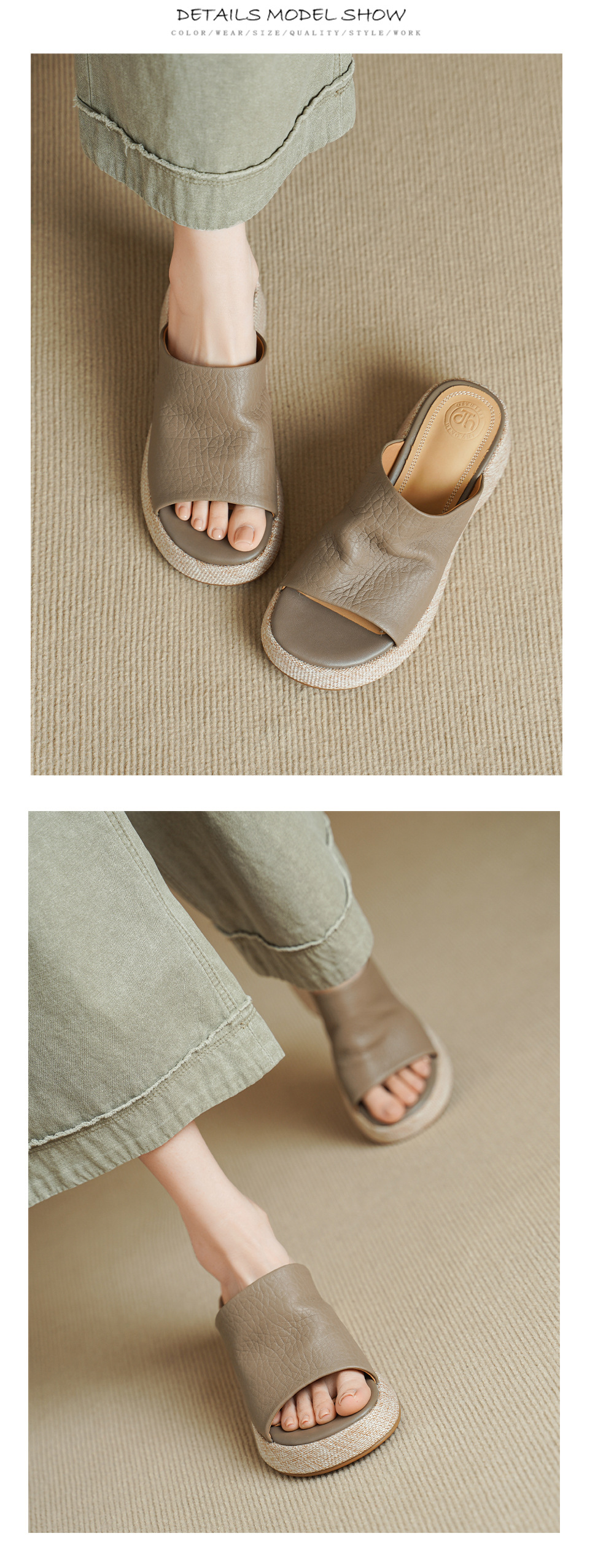 Sandal nữ da cừu gót xuồng hở mũi quai ngang đế dày — Xám voi chi tiết 9