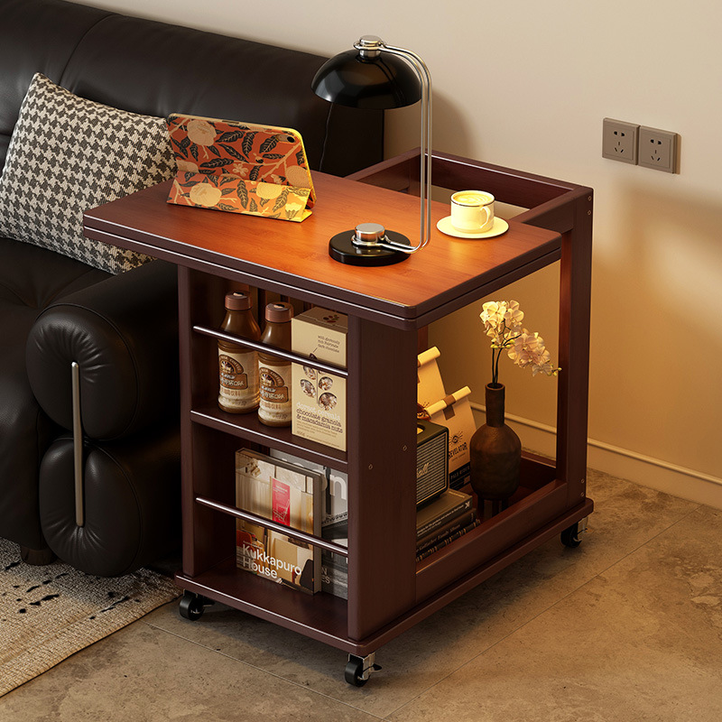 Movable Side Table Sofa Side Cabinet Bedside Small Table Living Room Solid Wood Folding Vintage Trolley Coffee Table Storage Rack