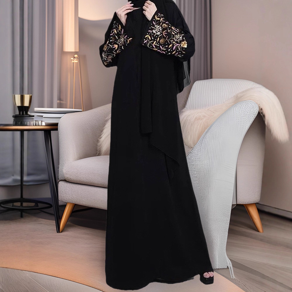 F415 Foreign Trade Middle East Dubai Women's Clothing Embroidered Floral Elegant Cardigan Loose Robe In Stock_ecoleips.com