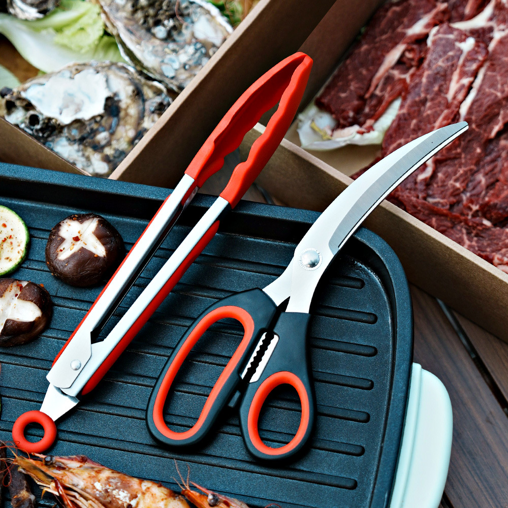 K205 팔꿈치 빨간색과 검은색 바베큐 가위 + 실리콘 빨간색 9inch 클립