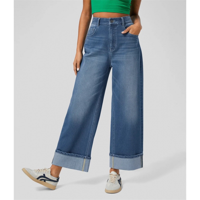 Jeans Rectos de Cintura Alta para Mujer de Algodón y Poliéster Corte Recto para Uso Diario