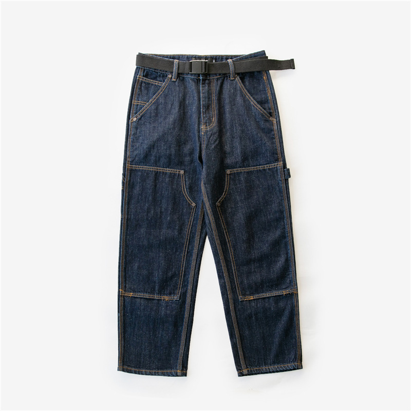 Hedao Le x Reknat Street Style Woodworking Cityboy Patch Straight Leg Pants Fashion Jeans Men PL102