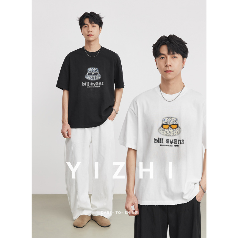 260g Heavyweight Hat Print Short-Sleeve Summer Pure Cotton Crew Neck T-Shirt for Men, American Style Trendy Vintage Versatile T-Shirt