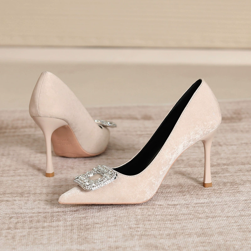 Stiletto pointed-toe high heels, rhinestone square buckle, solid black, work & commuter style