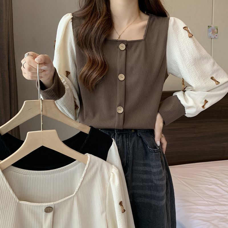 Plus Size Fake Two-Piece Shirt for Women Autumn and Winter New French Retro Sleeves Bow Splicing Design Square Collar Top Trendy