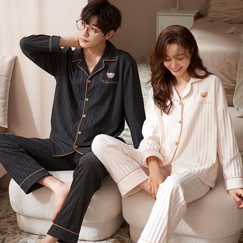Spring and Autumn Couple Pajamas for Women, Cotton Long-Sleeved Cartoon Design, Can Be Worn Outside, Men's Autumn and Winter Home Wear, Couple Style Available