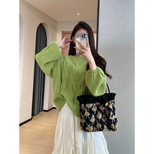 氛围感羊毛马海毛柔软蓬松绞花一字领针织衫上衣女2026春H030504