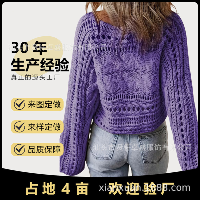 2026 Women's Sweater High-End Spring and Autumn Crochet Cover-Up Hollow Out Shirt Women's Long Sleeve Round Neck Short Top 2026 Women's Sweater High-End Spring and Autumn Crochet Cover-Up Hollow Out Shirt Women's Long Sleeve Round Neck Short Top