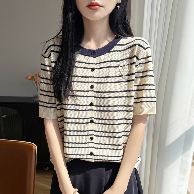 Summer New Style Love Embroidered Knitted Cardigan for Women Loose Striped Short-Sleeved Summer Women's Thin Plus Size Top Summer New Style Love Embroidered Knitted Cardigan for Women Loose Striped Short-Sleeved Summer Women's Thin Plus Size Top