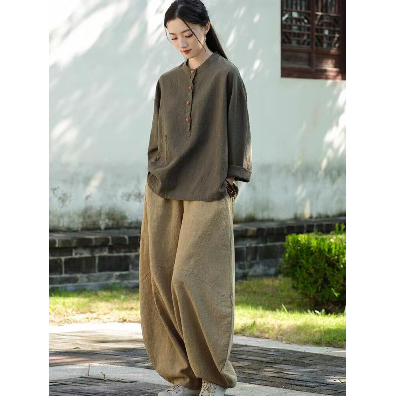 禅服棉麻盘扣居士服秋季中国风佛系禅意素衣女新中式太极表演服|undefined