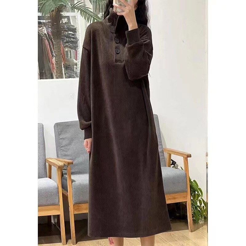 (with Pockets) New High-Neck Button Dress Korean Style Lazy Style Autumn and Winter Fashion Versatile Long-Sleeved Long Skirt for Women (with Pockets) New High-Neck Button Dress Korean Style Lazy Style Autumn and Winter Fashion Versatile Long-Sleeved Long Skirt for Women