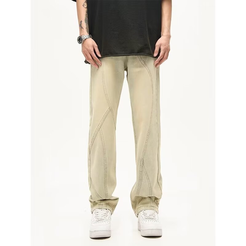 Primavera y otoño American High Street Jeans Pantalones de moda casual para hombres Pantalones amarillos de barro de diseño suelto recto de todo fósforo