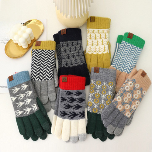 Japanese-style winter wool color-blocking knit gloves, retro jacquard, lined, touch screen, warm riding gloves