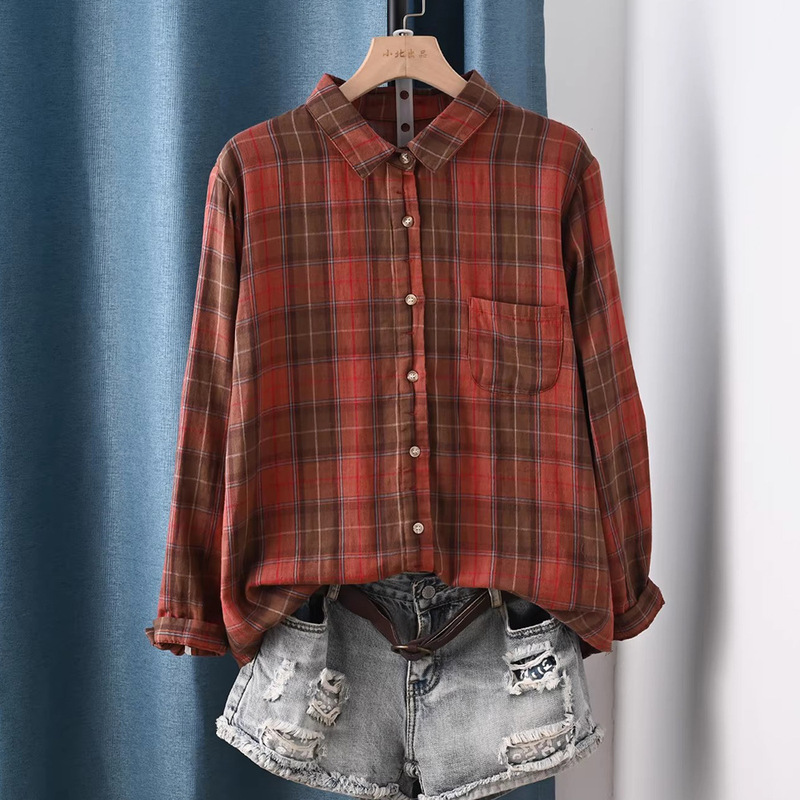 Vintage Artistic All-Cotton Double-Layer Gauze Long-Sleeve Plaid Shirt 2026 Early Spring New Style Loose Versatile Base Shirt Vintage Artistic All-Cotton Double-Layer Gauze Long-Sleeve Plaid Shirt 2026 Early Spring New Style Loose Versatile Base Shirt