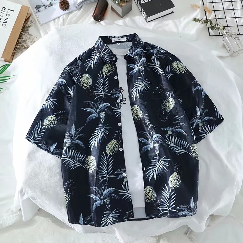 Korean Vintage Leaf Pineapple Floral Couple Short-sleeved Shirt Summer All-match Unisex Beach Shirt