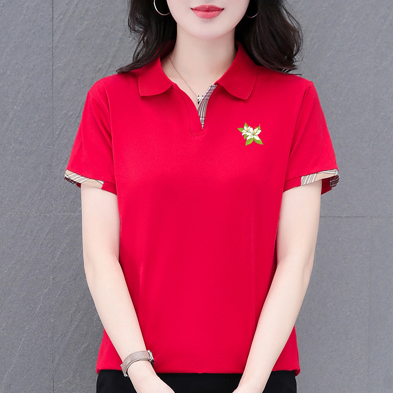 纯棉弹力中年妈妈休闲短袖POLO衫女夏季翻领遮肉显瘦百搭洋气T恤