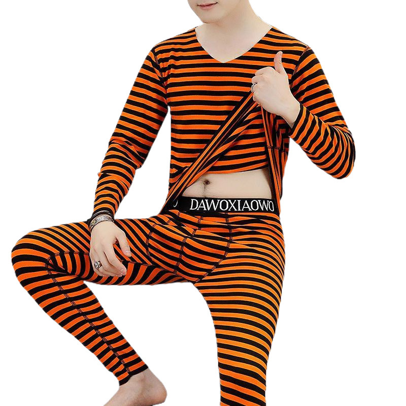 겨울 독일 벨벳 열 속옷 자체 가열 청소년 양면 플리스 줄무늬 바텀 셔츠 남성 가을 옷 및 가을 바지 정장