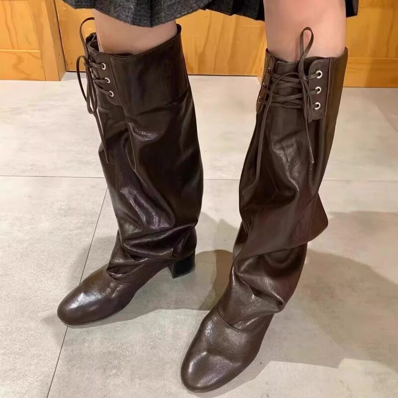 Retro Lace-Up Pleated Stacked Boots for Women, Chunky Heel Long Boots, Knee-High, Mid-Heel, Round Toe, Wide Calf, High Tube Riding Boots Retro Lace-Up Pleated Stacked Boots for Women, Chunky Heel Long Boots, Knee-High, Mid-Heel, Round Toe, Wide Calf, High Tube Riding Boots