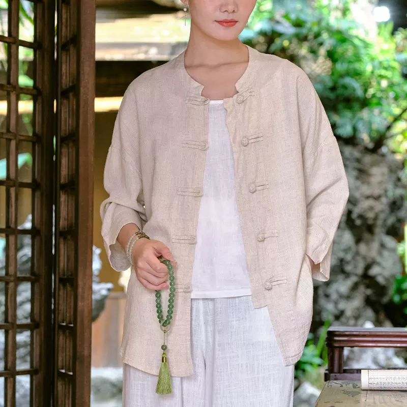 2025棉麻女装新款新中式棉麻上衣开衫女砂洗盘扣中式禅茶服衬衫