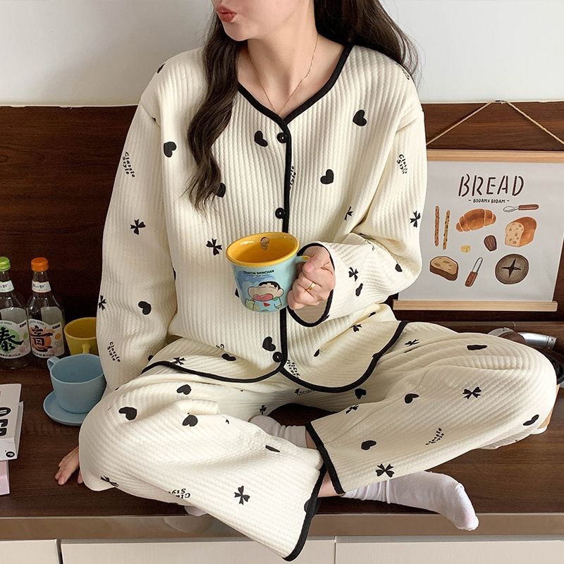 Pijamas de algodón de aire de mujeres otoño y invierno nuevo engrosado de mangas largas dulce pequeño viento fragante calentamiento conjunto de ropa de hogar se puede usar fuera