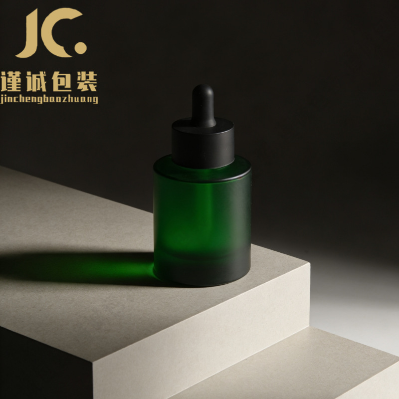 In-Stock 50ml Matte Green Straight Round Essence Bottle, Thick-Bottomed Cosmetic Essential Oil Dropper Bottle, Glass Essence Oil Bottle