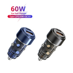 新型透明60W車載充電器PD30W携帯電話超急速充電アダプターACデュアルポート車載充電器