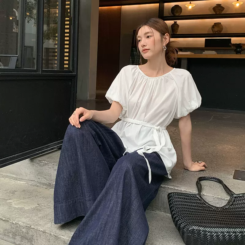 FONE简禾 正反两穿 宽松显瘦设计感泡泡袖亚麻衬衫女配腰绳29616