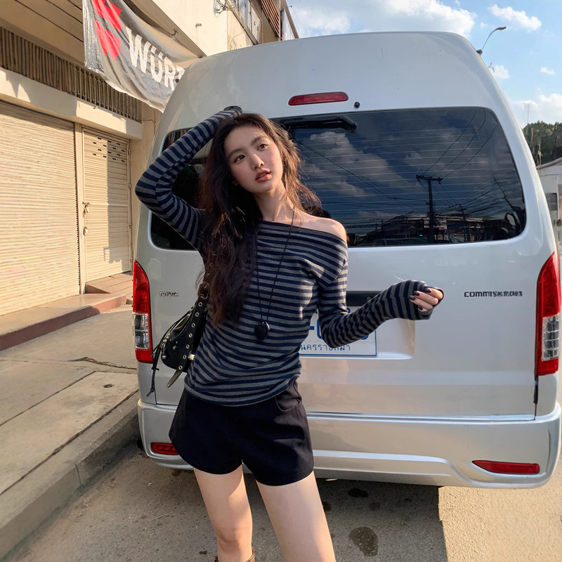 你好卡农 荡领条纹长袖t恤女春秋2025新款修身显瘦设计感别致上衣|undefined