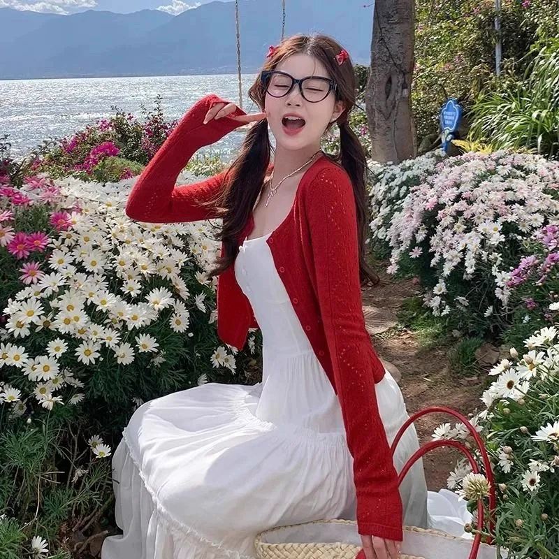 Вязаный кардиган с защитой от солнца, тонкая женская юбка на подтяжках, блузка, летняя шаль, красный элегантный топ.