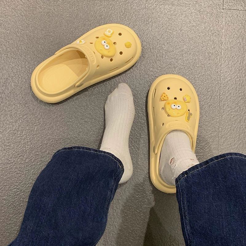 Женские летние пляжные сандалии Cheese Croc Shoes 2025 года, новые, студенческие, милые, на толстой нескользящей подошве