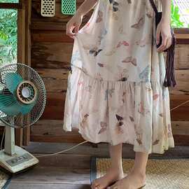 蝴蝶印花碎花串珠吊带裙夏季女花边中长款系带度假风连衣裙图片色