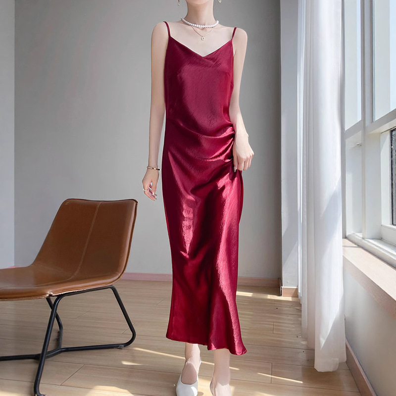 dress Women's Summer High-end Summer V-neck Waisted Inner Midi Base Skirt French Acetic Satin Slip Skirt dress Women's Summer High-end Summer V-neck Waisted Inner Midi Base Skirt French Acetic Satin Slip Skirt