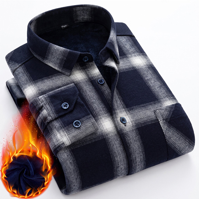 New men's long-sleeve plaid shirt, winter fleece-lined, thickened, brushed for warmth, classic checkered casual shirt