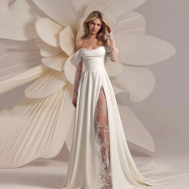 New Style Light Wedding Dress for Women 2026 Autumn and Winter New Off-Shoulder Slit Aliexpress Travel Photography Wedding Dress Manufacturer Supply