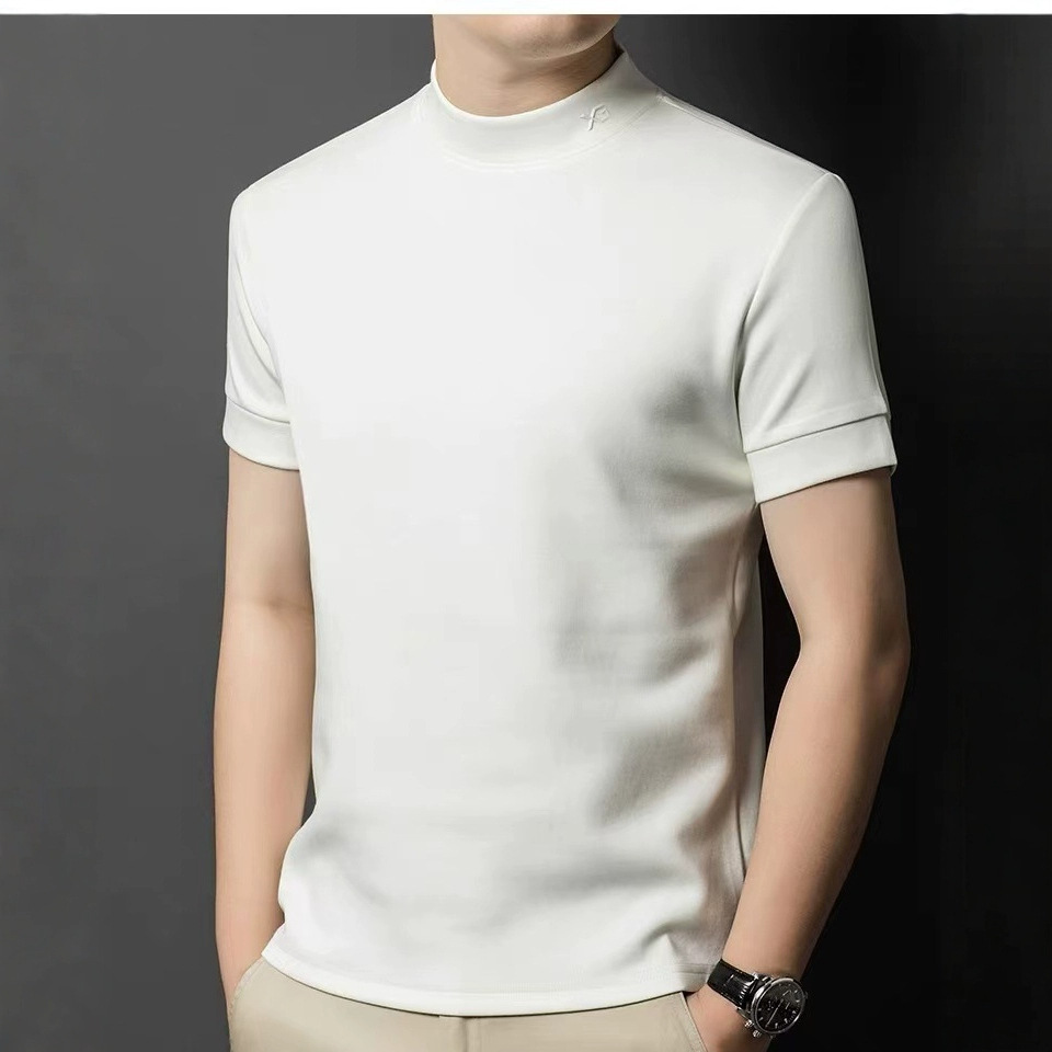 2024 봄과 가을 새로운 반팔 독일 벨벳 스웨트 셔츠 남성 하프 터틀넥 청소년 패션 양면 벨벳 반팔 남성 기본 셔츠